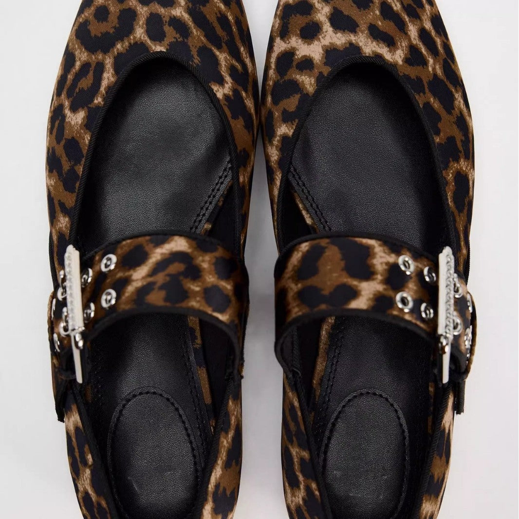 Damen Ballerinas mit Leopardenmuster und dekorativem Riemen EB