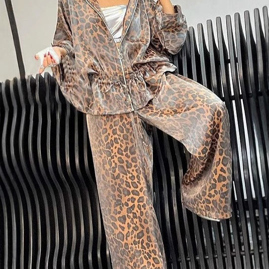 Damen lässiger Jumpsuit mit modischem Leopardenmuster und weitem Schnitt EB