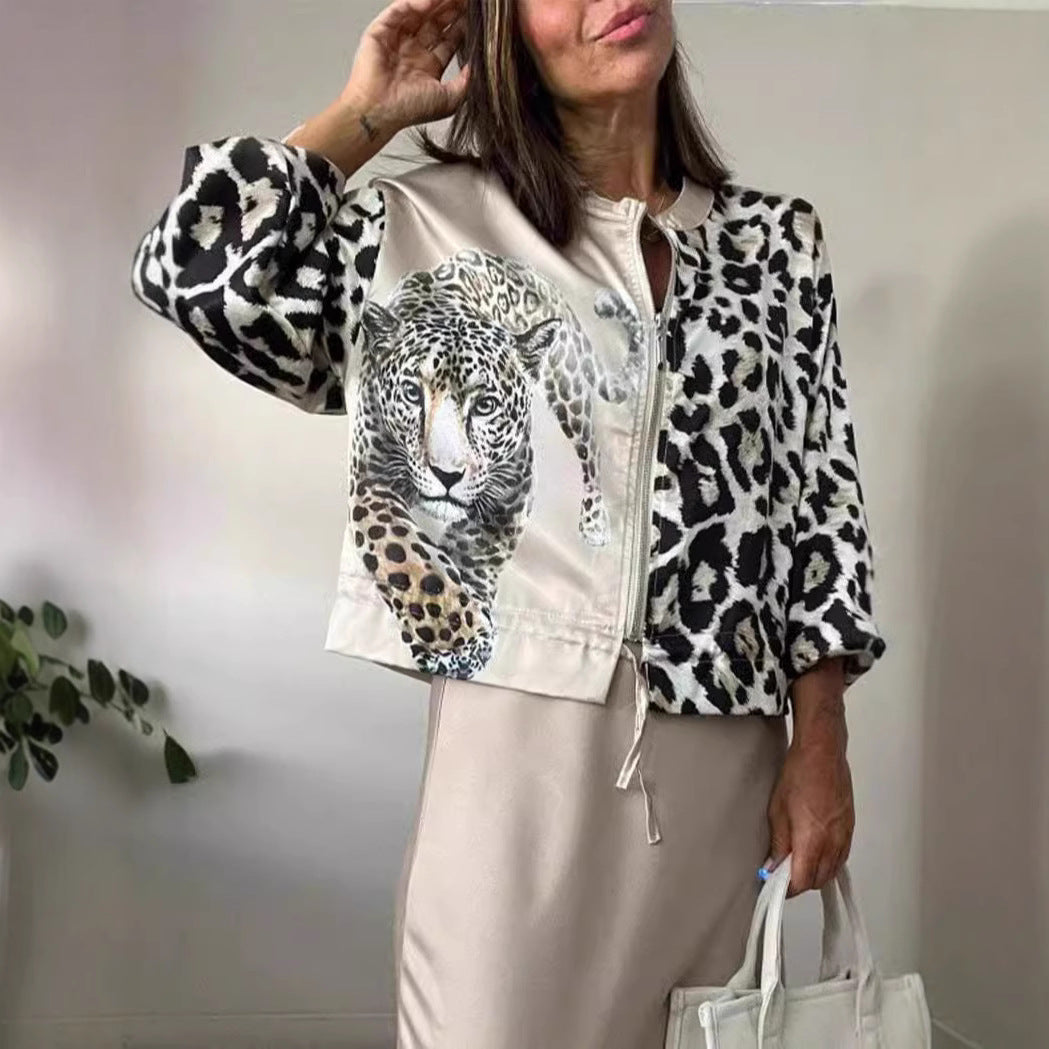 Damen entspannte Bomberjacke mit extravagantem Leoparden-Motiv EB