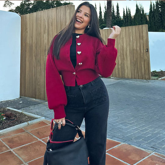 Damen Pullover mit Herzknöpfen und Puffärmeln EB