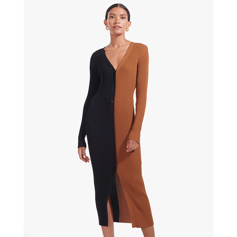 Damen Knopf-Design Maxikleid mit tiefem V-Ausschnitt und Rippstruktur EB