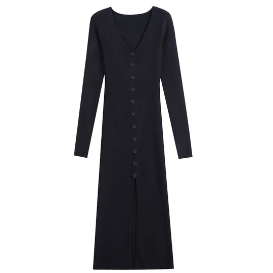 Damen Langes Strickkleid mit V-Ausschnitt und durchgehender Knopfleiste EB