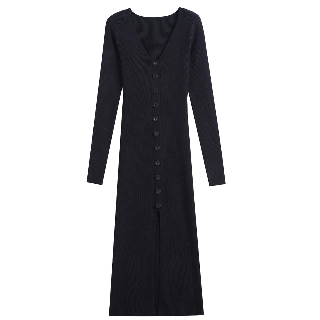 Damen Langärmliges Maxikleid mit Rippstruktur und Knopfdetail EB