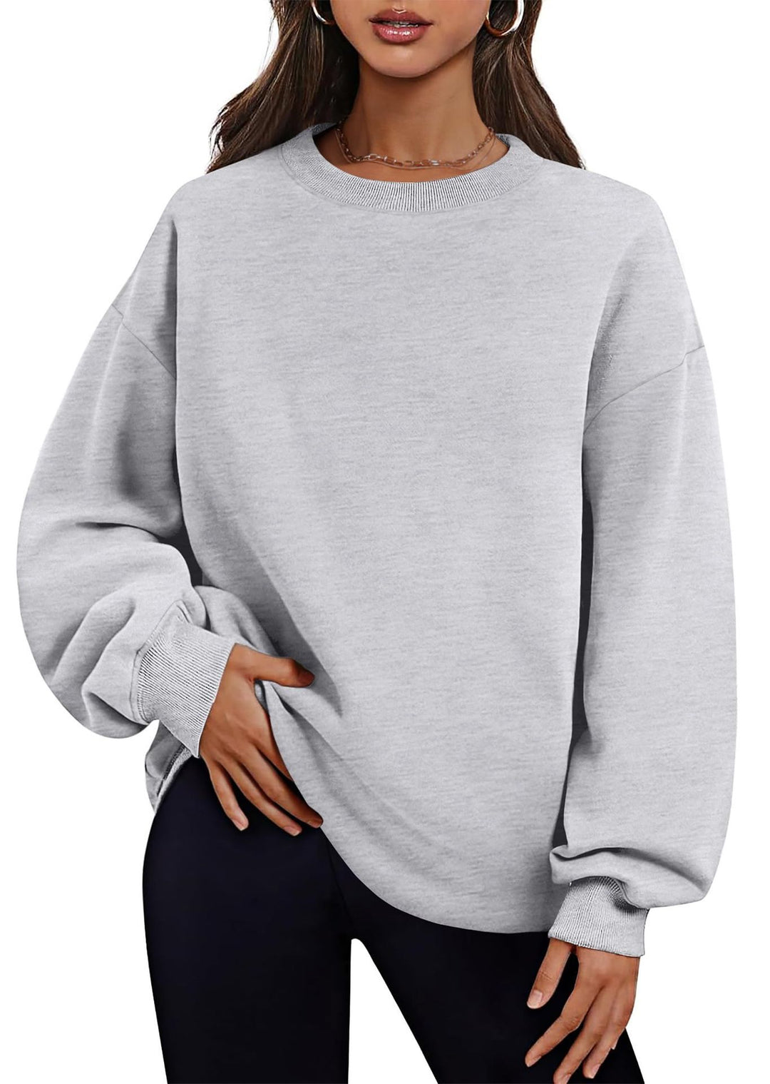 Damen nan verlängertes Oversize Rundhalspullover mit seitlichen Eingrifftaschen, Rippbündchen und überschnittener Schulter EB