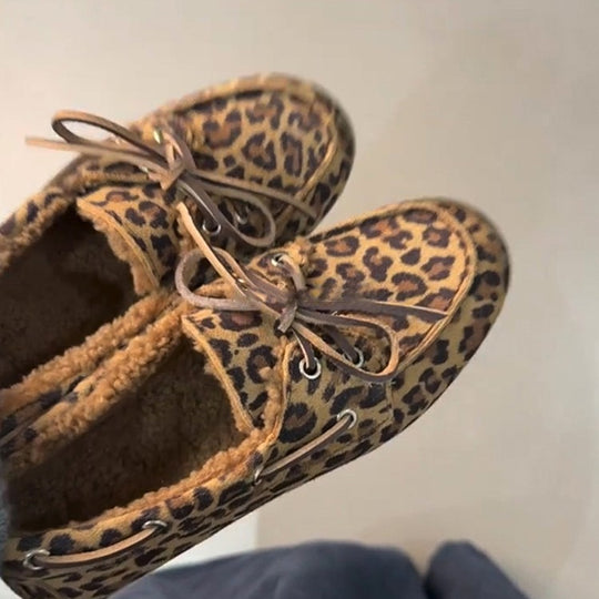 Damen Mokassins mit tierischem Muster und luxuriösem Fellfutter EB