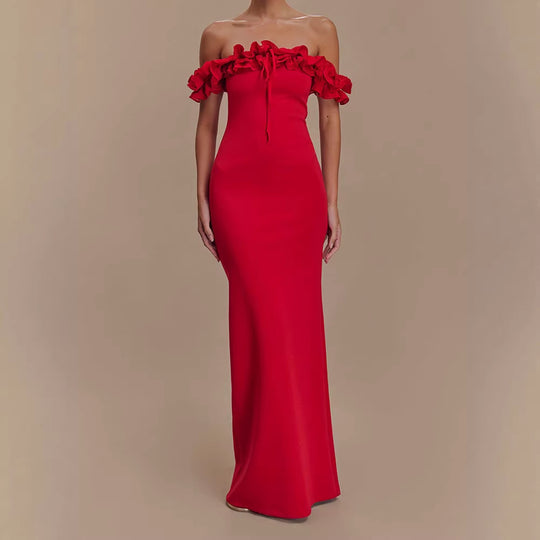 Damen Elegantes, schulterfreies Maxikleid mit Rüschendetails EB