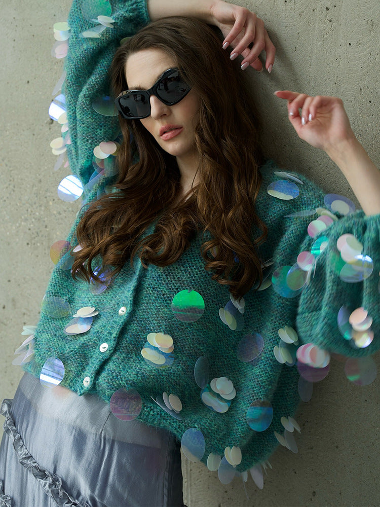 Damen Flauschiger Cardigan mit holografischen Akzenten EB