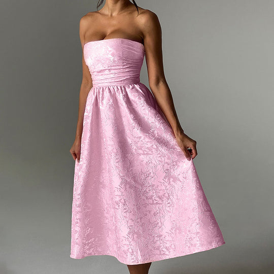 Damen schulterfreies A-Linien Kleid mit luxuriösem Blumenmuster EB