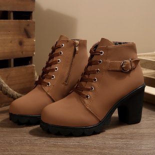 Damen nan knöchelhohe Schnür-Stiefelette mit seitlichem Reißverschluss, dekorativer Gürtelschlaufe, mittelhohem Blockabsatz und profilstarker Laufsohle EB
