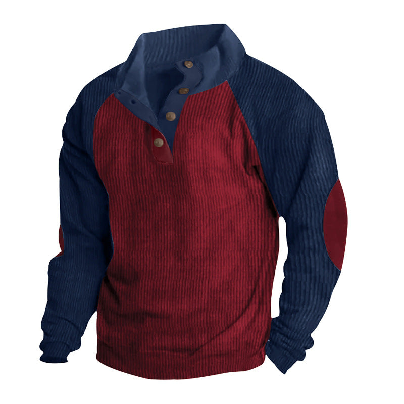 Herren Strukturiertes Raglan-Henley-Pullover mit Stehkragen, Ellenbogenpatches & Knopfleiste EB