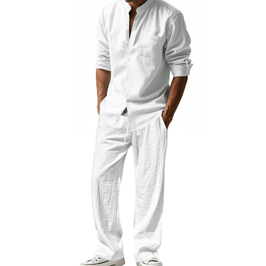 Herren nan legeres Leinen-Relax-Set mit Stehkragen-Hemd und weitem Kordelbund-Hose EB