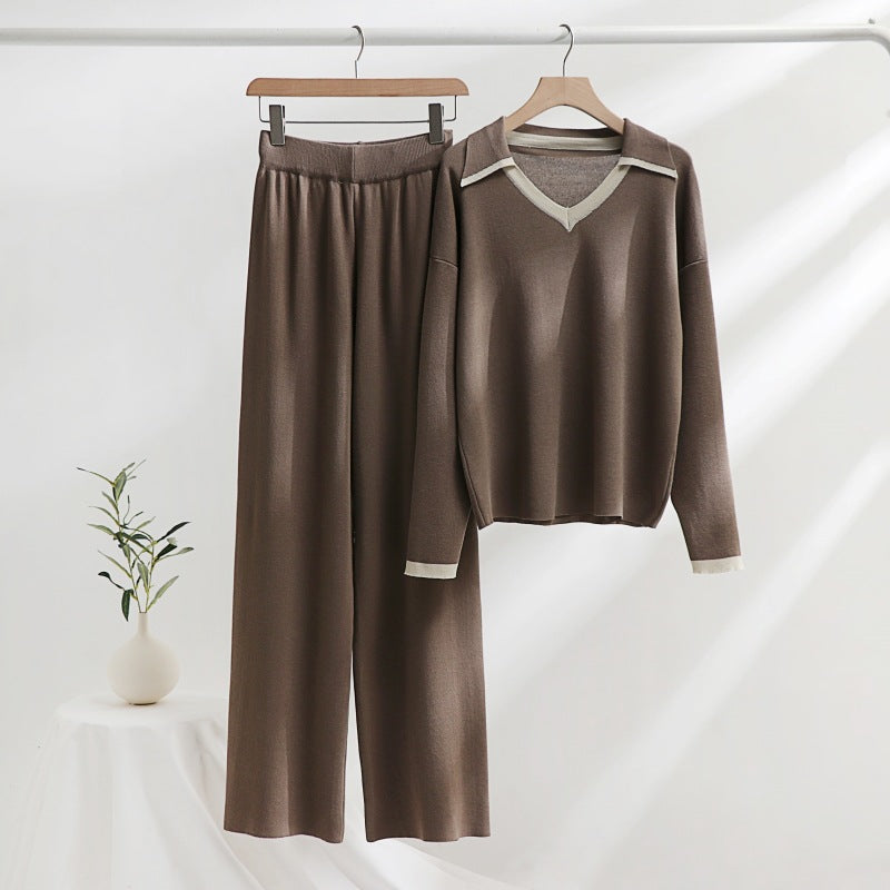 Damen gemütliches Strick-Loungewear-Set mit kontrastierendem Kragen und weitem Bein EB