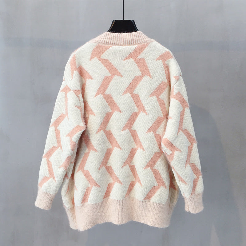 Damen Grobstrick Cardigan mit modernem Zickzackmuster und Knopfdetails EB