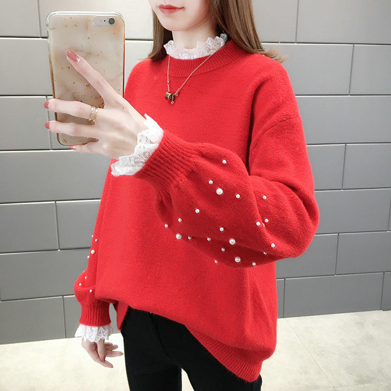 Damen trendiger Strickpullover mit Perlendetails und voluminösen Ärmeln EB