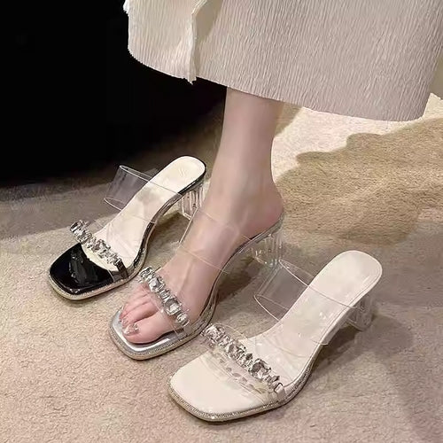 Damen elegante offene Mules mit Absatz und funkelnden Akzenten EB