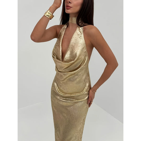 Damen Abendkleid mit tiefem V-Ausschnitt und schimmerndem Chiffon EB