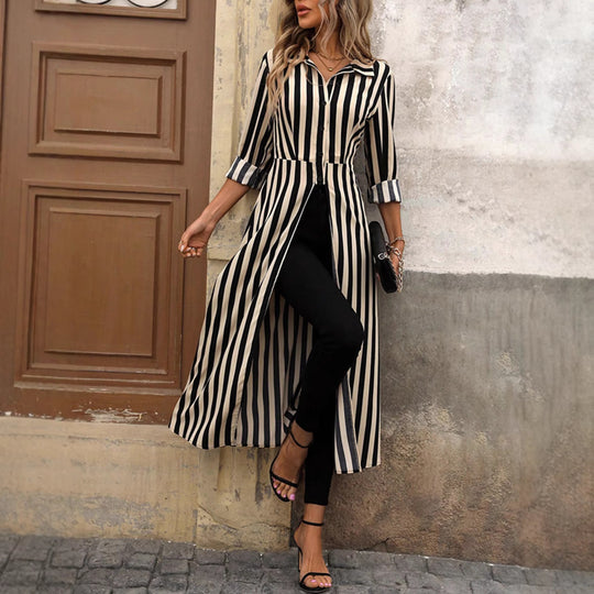 Damen gestreiftes Maxikleid mit Taillengürtel EB