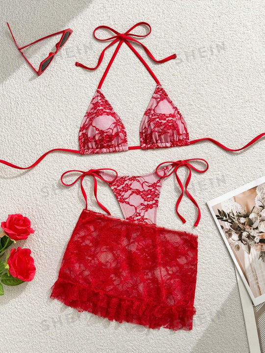 Damen Spitzen-Bikini mit floralem Design und fließendem Rock EB
