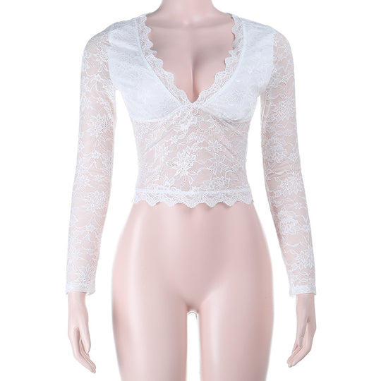 Damen Spitze Langarmshirt mit V-Ausschnitt und Rüschen EB