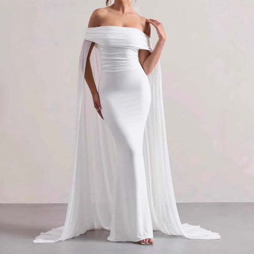 Damen Elegantes Off-Shoulder Abendkleid mit fließendem Transparenz-Cape und figurumspielendem Schnitt EB