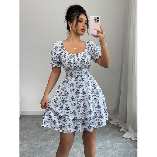 Damen Blumenkleid mit Rüschensaum und Puffärmeln EB