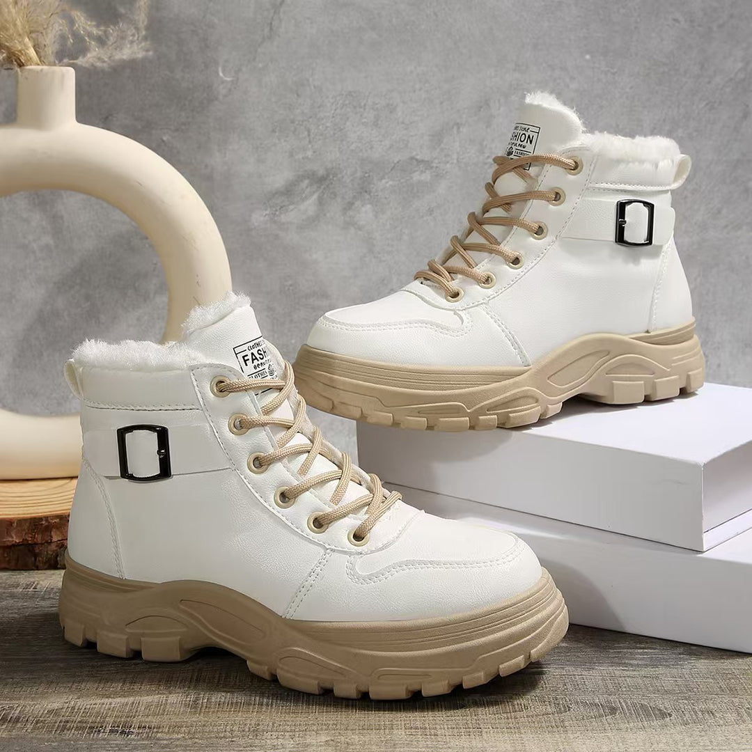 Damen  gefütterte Plateau-Schnürstiefelette mit dekorativer Metallschnalle und profilierter Gummilaufsohle EB