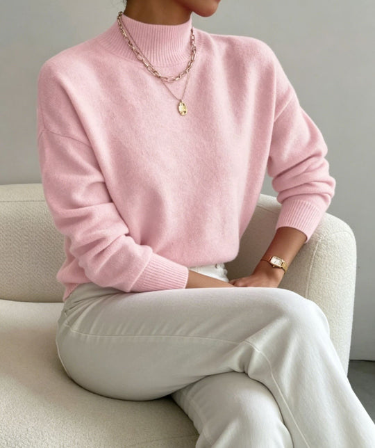 Damen kuscheliger Feinstrickpullover mit Stehkragen und überschnittener Schulter EB