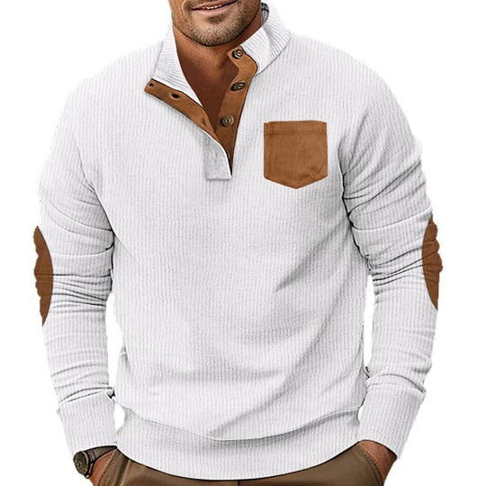 Herren nan strukturiertes Halbknopf-Troyer mit Kentkragen, Brusttasche und Lederoptik-Ellbogenpatches EB