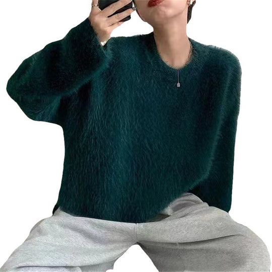 Damen Flauschiger Pullover mit lässigem Schnitt und hohem Rundhalsausschnitt EB