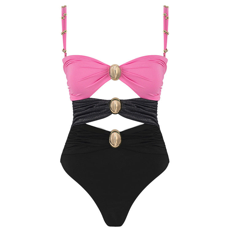 Damen Badeanzug mit raffinierten Drapierungen und eleganten Goldakzenten EB
