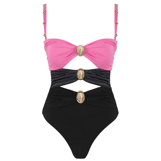 Damen Badeanzug mit raffinierten Drapierungen und eleganten Goldakzenten EB