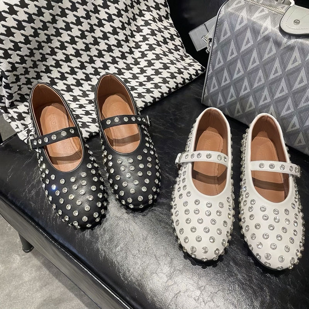 Damen Ballerinas mit elegantem Strassbesatz und Riemchen EB