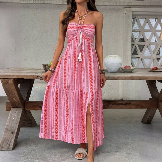 Damen Maxi-Strandkleid mit elastischem Oberteil und verspieltem Muster EB