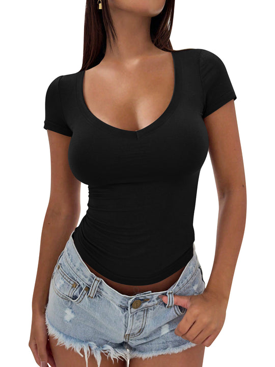Damen figurbetontes V-Ausschnitt T-Shirt aus weichem Stretchmaterial EB