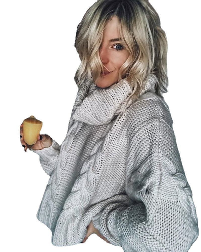 Damen Grobstrickpullover mit dekorativem Zopfmuster und hohem Kragen EB