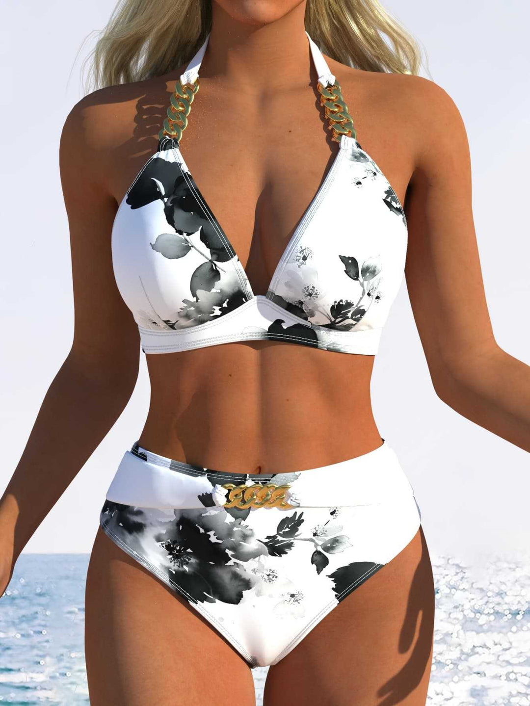 Damen Triangel-Bikini mit verstellbaren Bindebändern und modischem Wellenmuster EB