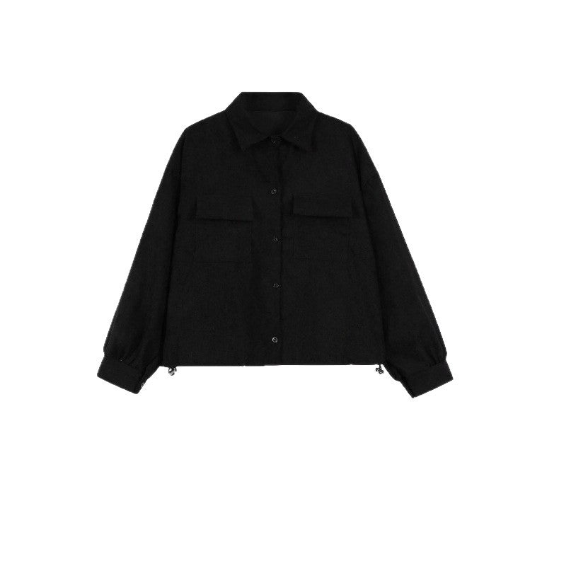 Damen Kurzgeschnittene Cordjacke mit Oversize-Ärmeln und Brusttaschen EB