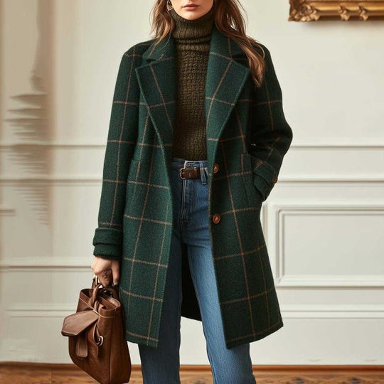 Damen nan karierter Wollmix Mantel mit Reverskragen, aufgesetzten Taschen und taillierter Silhouette EB