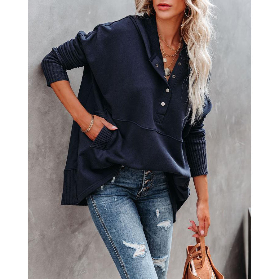 Damen lässiger Pullover mit Knopfleiste und Kapuze EB