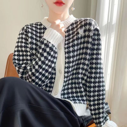 Damen weicher Cardigan mit strukturiertem Karomuster und Herzen EB