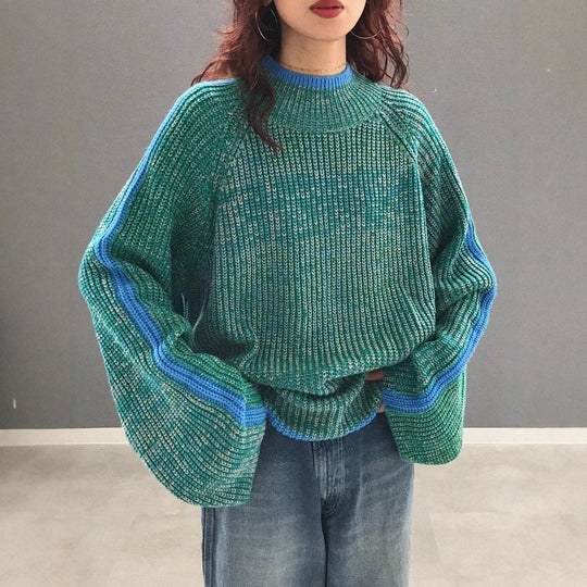 Damen lässiger Pullover mit gestricktem Strukturmuster und farblich abgesetzten Ärmelbündchen EB