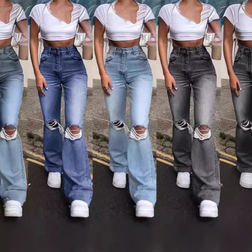 Damen Vintage Schlagjeans mit modischen Rissdetails und hohem Bund EB