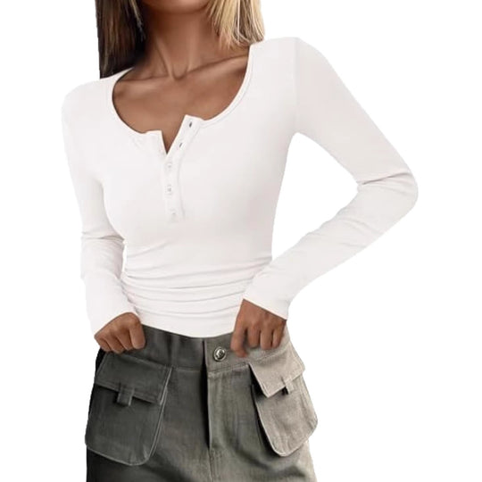 Damen Langärmeliges Rippshirt mit Henley-Knopfleiste und taillierter Passform EB