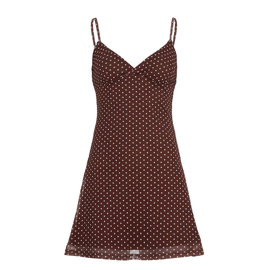 Damen süßes Spaghettiträger-Kleid mit Punktmuster und fließendem Schnitt EB