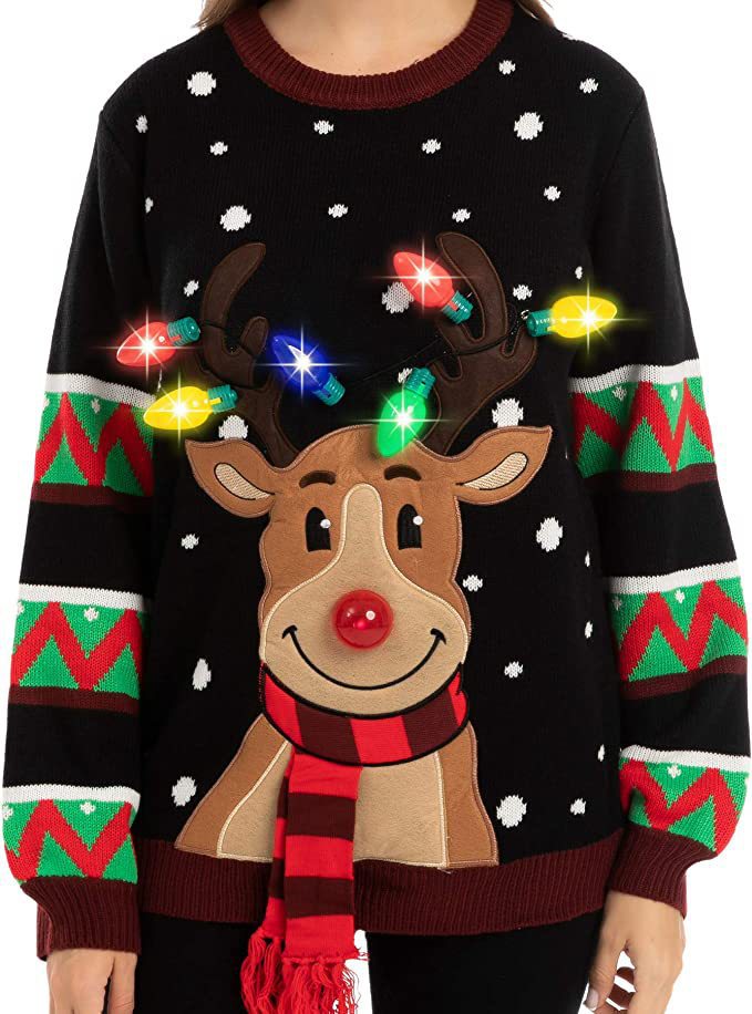 Damen nan weihnachtlicher Strickpullover mit Rentierapplikation integrierter Lichterkette und dreidimensionalem Nasenpompom EB