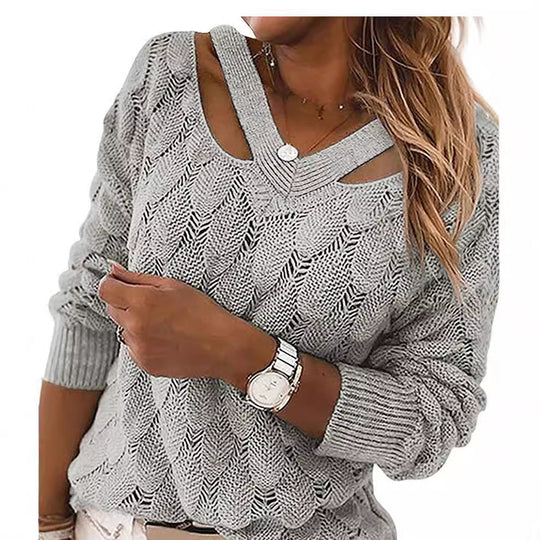 Damen lässiger Strickpullover mit V-Ausschnitt und einzigartigem Cut-out-Design EB