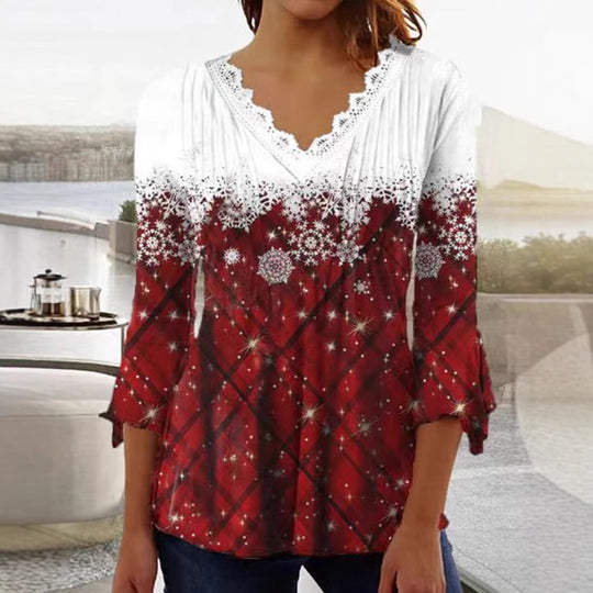 Damen Blusenshirt mit elegantem Spitzenhals und festlichem Karomuster Heidi-Mode