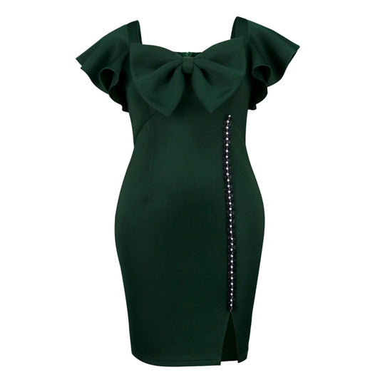Damen figurbetontes Kleid mit großem Schleifenakzent und seitlichem Schlitz EB