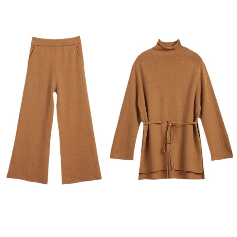Damen Gemütliches Strickensemble mit Taillengürtel und hohem Kragen EB