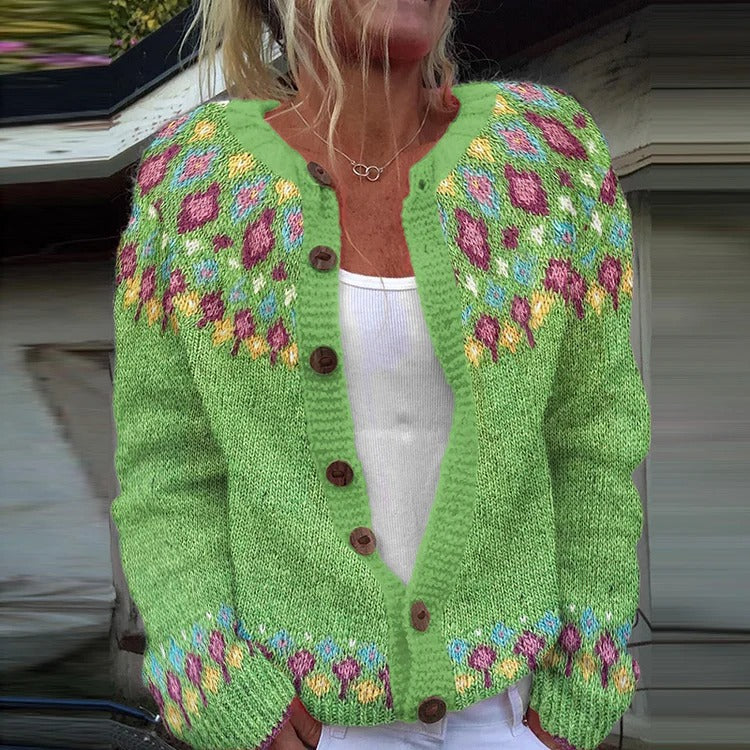 Damen nan gemusterte Strickjacke mit Rundpasse, Holzknöpfen und Eingrifftaschen EB